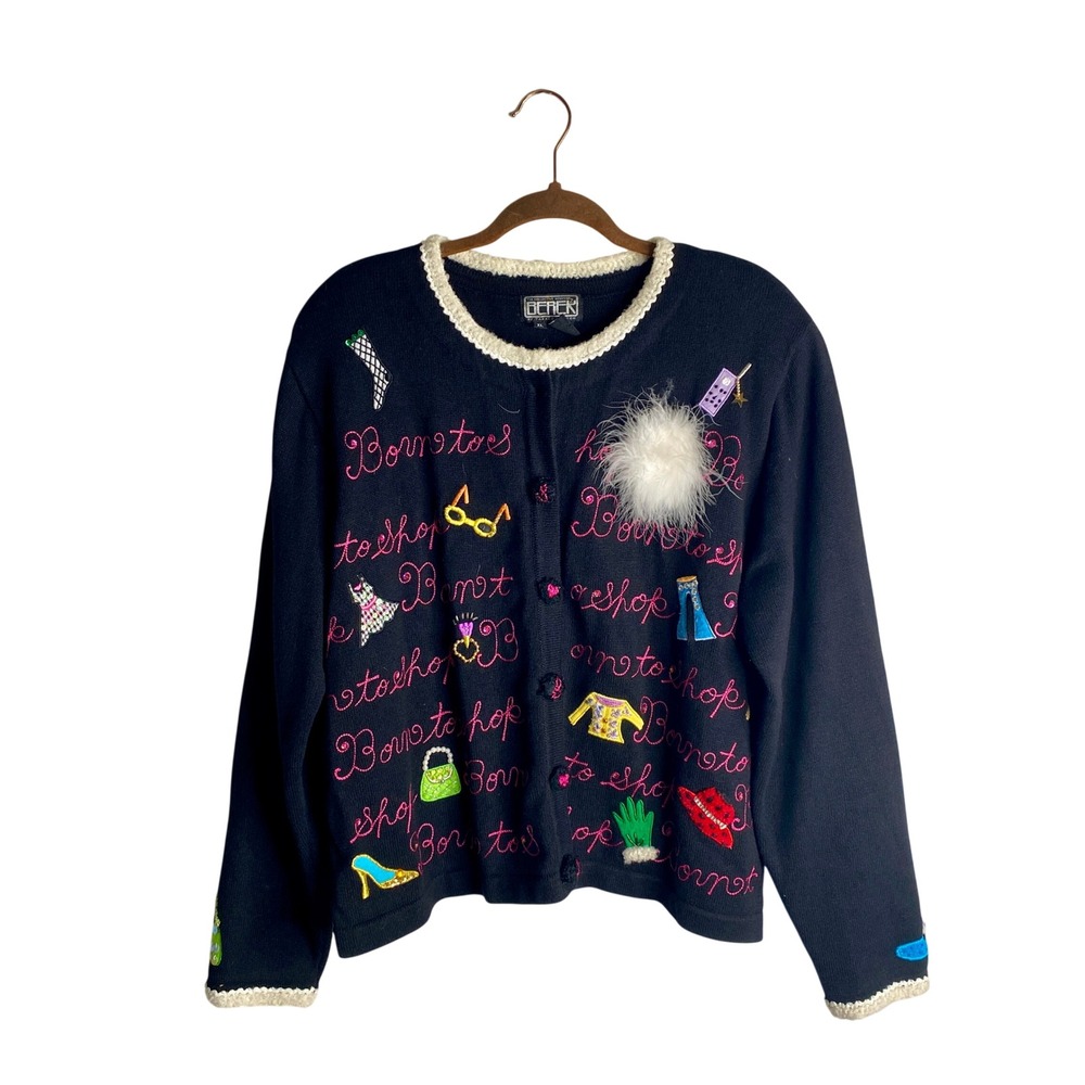 Vintage Berek Novelty Born To Shop Cardigan XL Y2K Ugly Sweater 3D Beaded Kitsch